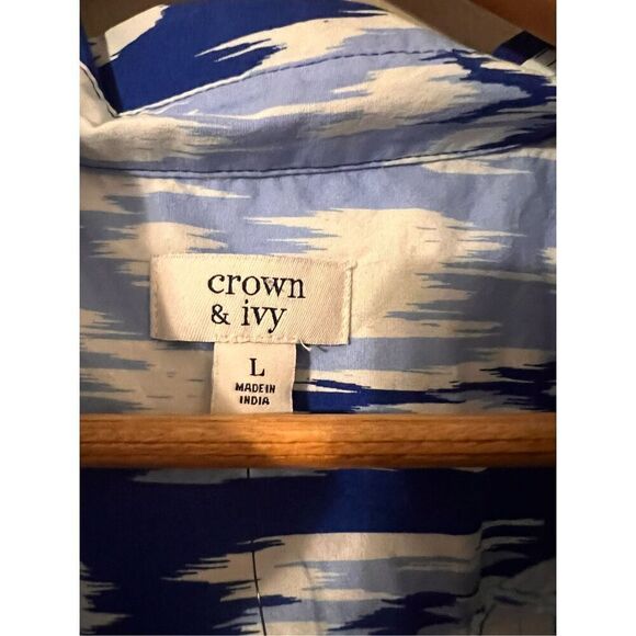 Crown & Ivy Womens L Tie Waist Boyfriend Dress Blue Ikat Print Sleeveless Summer - Picture 9 of 9